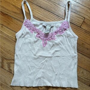 Free People Cream Ribbed Camisole with Pink Lace Yoke
